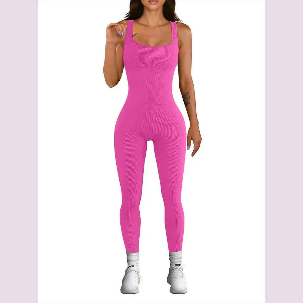 Women's Sleeveless Yoga Jumpsuit Exercise Ribbed Square Neck Vest High Waist  Fitness Sports One-piece Yoga Suit