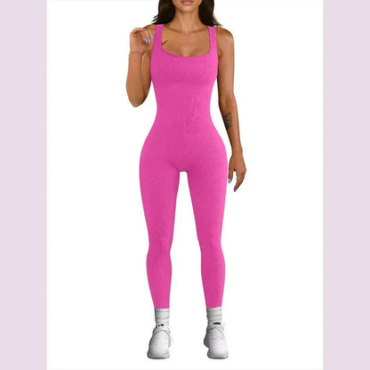 Women's Sleeveless Yoga Jumpsuit Exercise Ribbed Square Neck Vest High Waist  Fitness Sports One-piece Yoga Suit