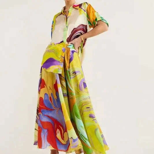 Fashionable Summer Silk Printed Women Set Dress Loose Short Sleeves Shirt Top +skirt Waist 2 Piece Sets Elegant Ladies Suit