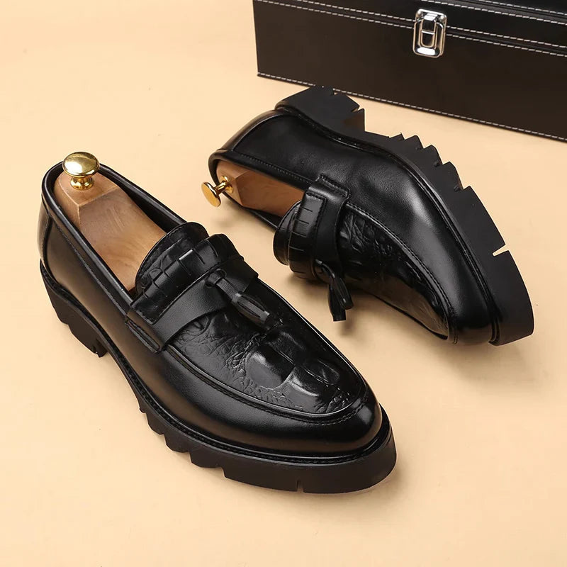 mens casual original leather tassel shoes black stylish platform shoe business wedding dress crocodile pattern footwear zapatos