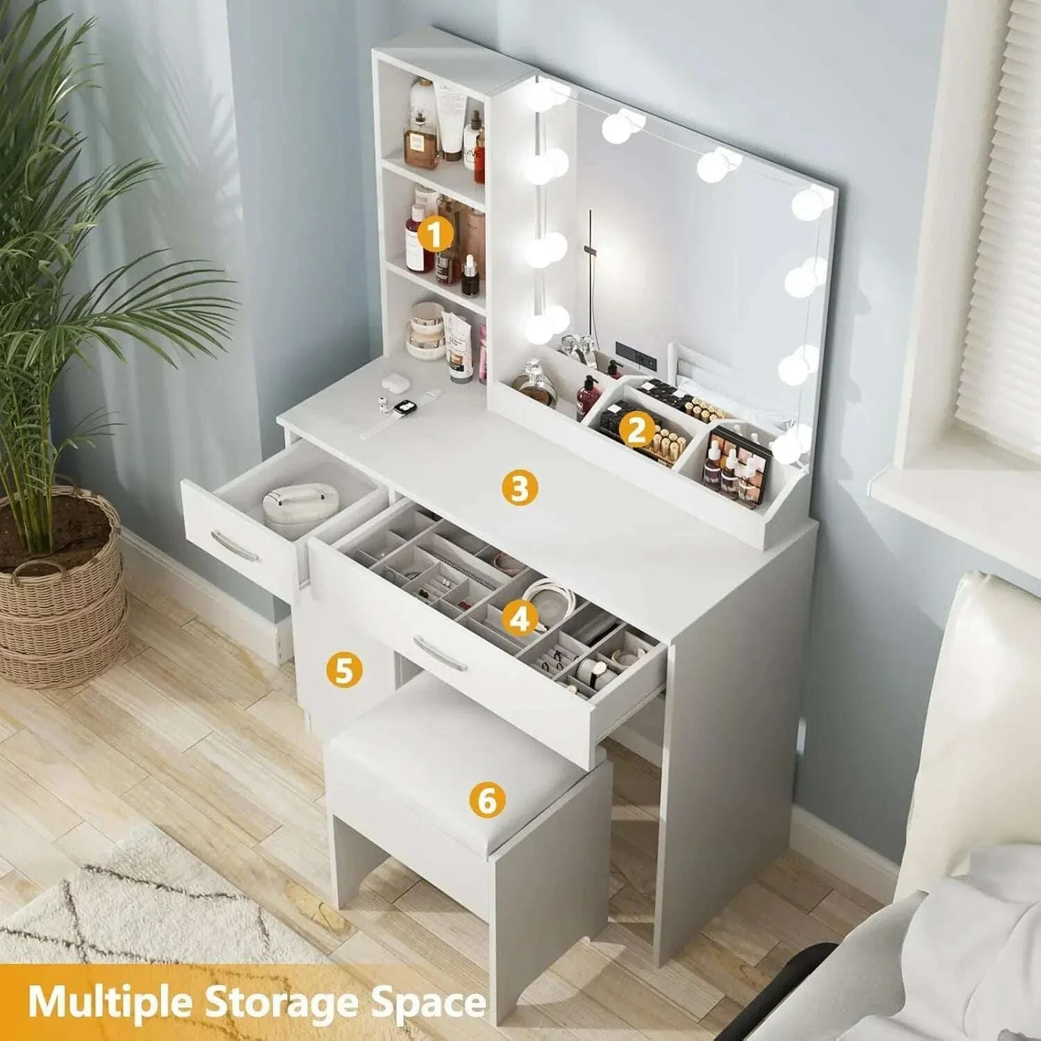 Dressing Table, Makeup Vanity Desk with Lighted Mirror & Power Strip, Black Vanity Table Set with Lights and Lots Storage