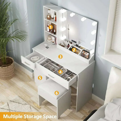 Dressing Table, Makeup Vanity Desk with Lighted Mirror & Power Strip, Black Vanity Table Set with Lights and Lots Storage
