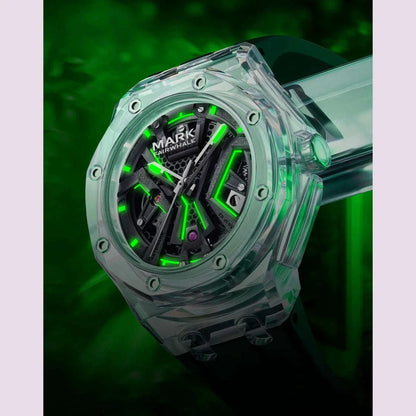 Mark Fairwhale Men's Fashion Automatic Mechanical Watch Sporty Casual Style with Transparent Case Silicone Strap Waterproof