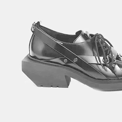 Women Shoes Spring Autumn New Metal Head Decorate Leather Loafers Women Bite Thick-soled Non-slip Square Head Wedge Men Shoes 44