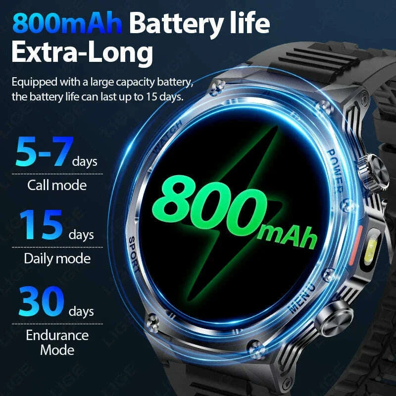 LIGE New Smart Watch Men 800mAh Ultra Long Battery Life Waterproof Outdoor Sport Watches Bluetooth Call Military Smartwatch 2025