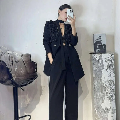 TWOTWINSTYLE Solid Two Piece Set For Women Lapel Long Sleeve Spliced Appliques Coat High Waist Wide Leg Pant Chic Sets Female