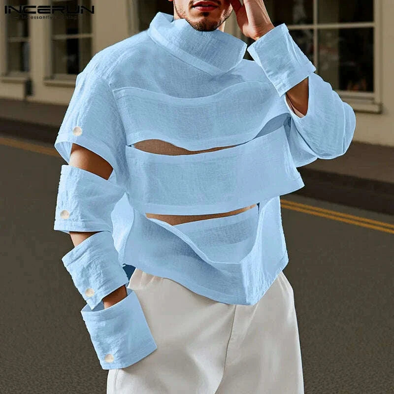 INCERUN Men Irregular T Shirts Solid Color Turtleneck Long Sleeve Hollow Out Men Clothing Streetwear 2025 Fashion Sexy Camisetas