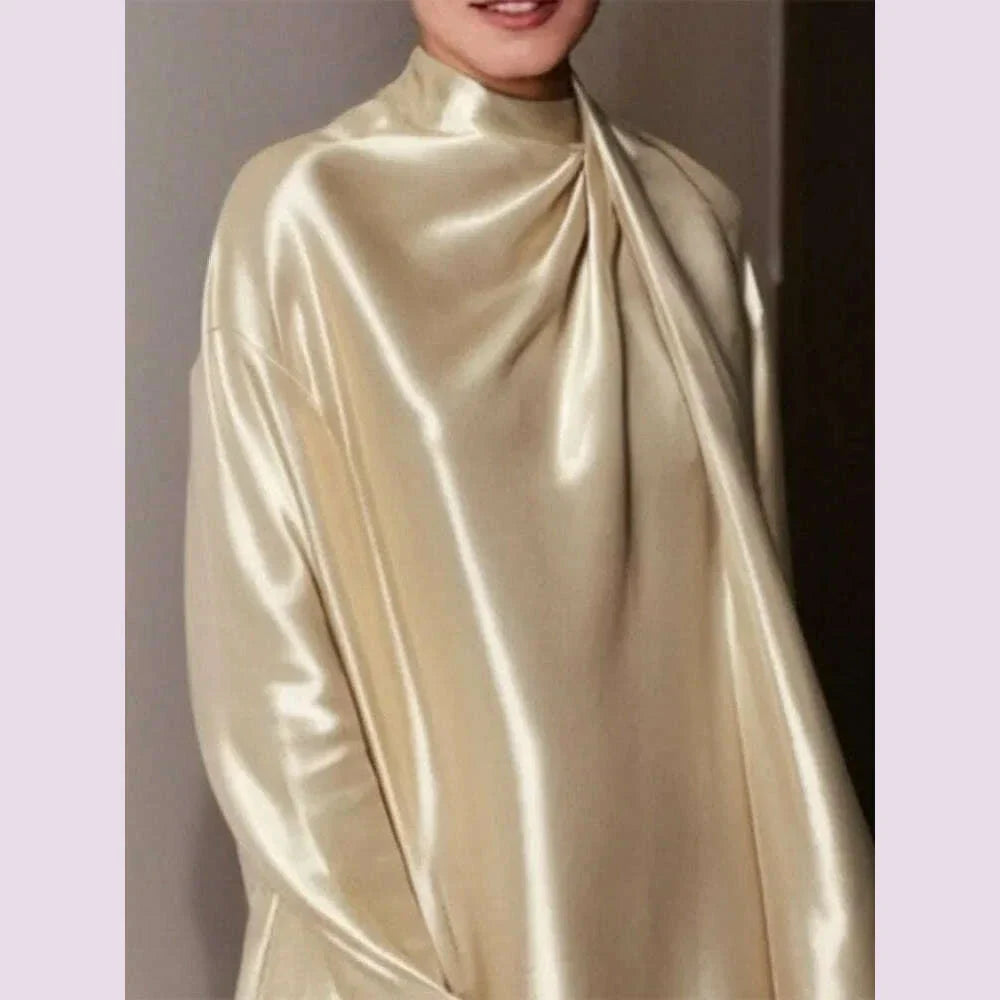 Bonboho Women's Elegant Dress High Neck Long Sleeves Pleated Dress 2025 Summer New Champagne Above Knee Evening Dresses