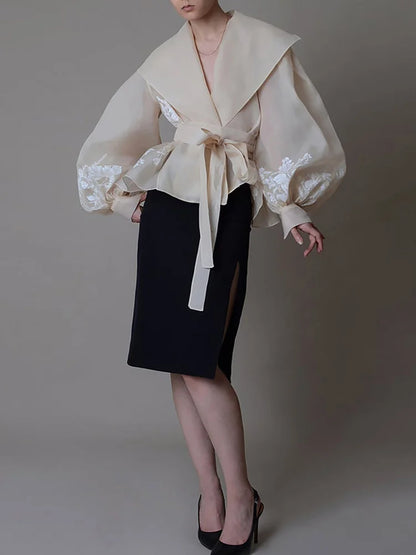 TWOTWINSTYLE Colorblock Patchwork Lace Up Shirts For Women V Neck Lantern Long Sleeve Temperament Blouses Female Fashion Style