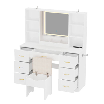 47" Vanity Desk with Mirror and Lights, Large Makeup Vanity with Vanity Chair & Charging Station, Dressing Table with 7 Drawers