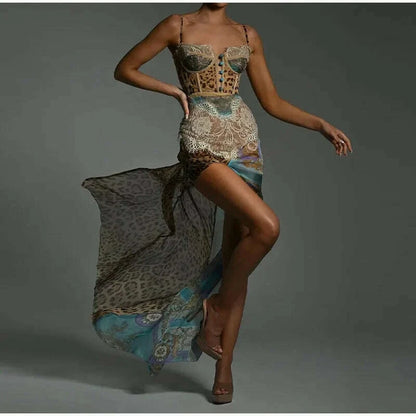 Summer Beach Leopard Print Dress Sexy Lace Split Patchwork Chiffon Dresses Women Elegant Sleeveless Backless Beach Evening Gowns