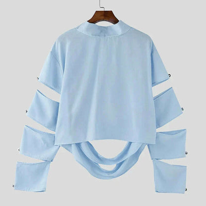 INCERUN Men Irregular T Shirts Solid Color Turtleneck Long Sleeve Hollow Out Men Clothing Streetwear 2025 Fashion Sexy Camisetas