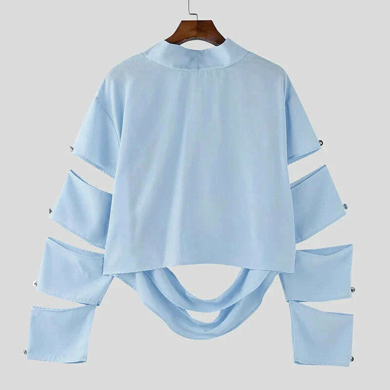 INCERUN Men Irregular T Shirts Solid Color Turtleneck Long Sleeve Hollow Out Men Clothing Streetwear 2025 Fashion Sexy Camisetas