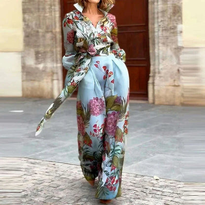 Retro Floral Print Two Piece Women's Lapel Single Breasted Shirt Top with Long Skirt Suit Fashion Temperament Party Outfits
