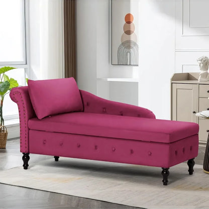 Velvet Chaise Lounge with Left Armrest & Storage Space,Button Tufted Lounge Chair w/Lumbar Pillow,Modern Upholstered Lounge Chai