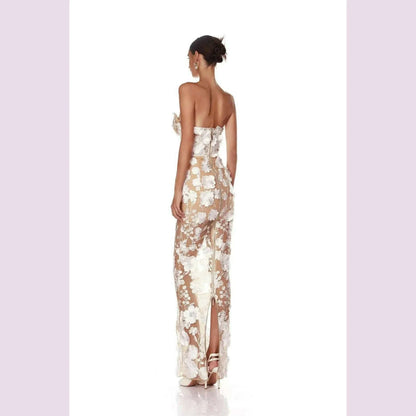 Luxurious 3D Flowers Chest Wrapping Dresses Spring Women High Waist Zipper Knee Length Dress Female Sleeveless Backless Dress