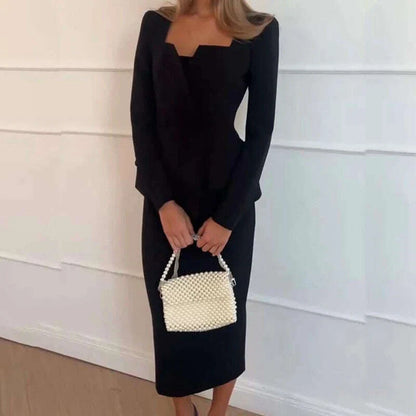 Elegant Temperament Slim Party Suit Simple Solid Commuting Outfit New Women Square Neck Long Sleeved Top + Wrap Hip Skirt Sets