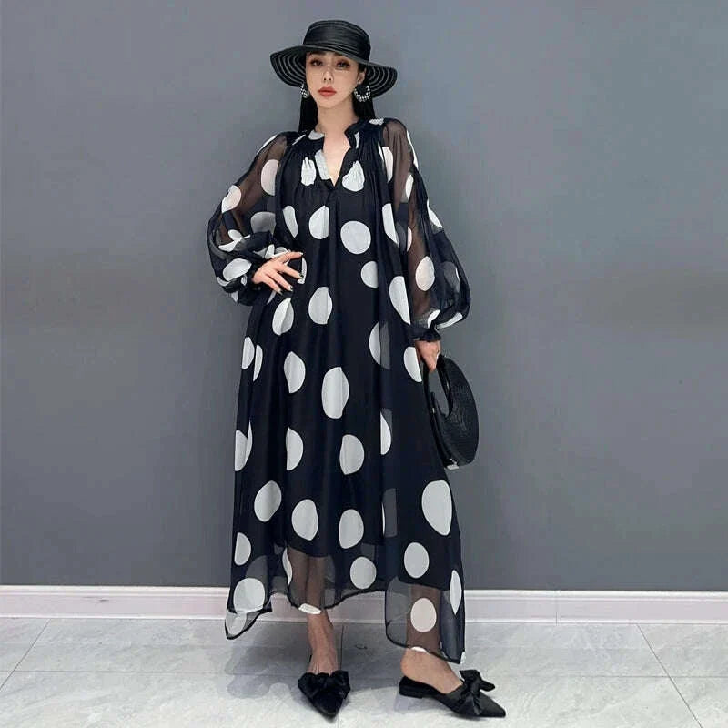 Vefadisa 2025 Summer New Dress Chiffon Printed Polka Dot Puff  Sleeves V-neck Long Dress Loose And Elegant HLX007