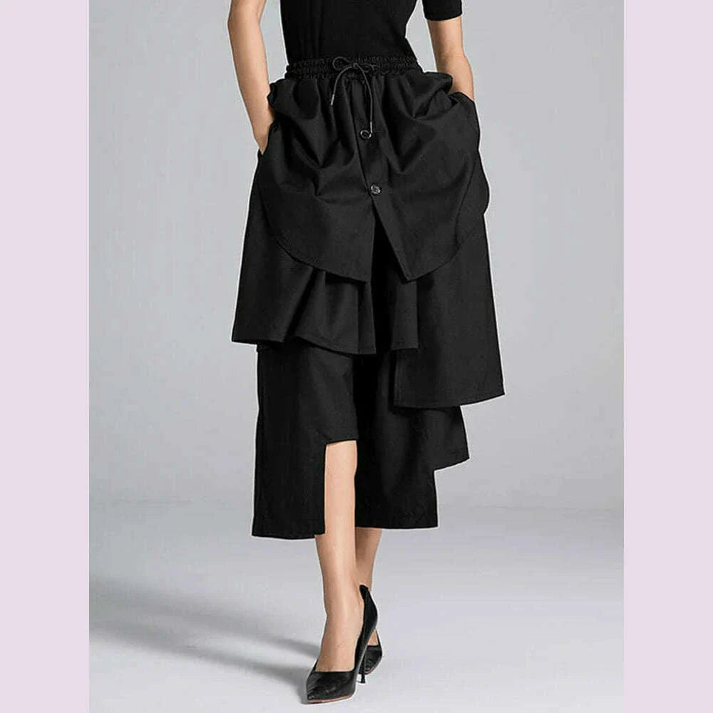 EAM Black Irregular Patch High Elastic Waist Calf-Length Pants New Trousers Women Fashion Tide Spring Autumn 2025 30A3161