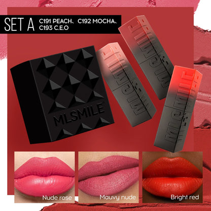 3-Piece Embossed Matte Lipstick Set, Long-Lasting and Hydrating, Easy Application for a Natural Look, Smooth Velvet Matte Finish
