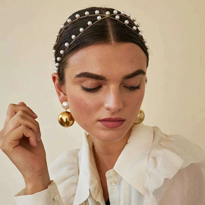 Stonefans Fashion Double Layer Pearl Headband Bridal for Women Wedding Cross Pearl Hair Accessory Elegant Hairband Jewelry