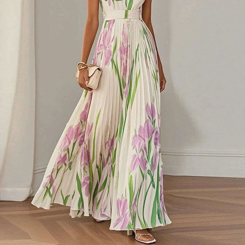 Summer Square Collar Floral Print Fold Dress Womens Sexy High Waist Sling Long Dresses Summer Off Shoulder Hollow Boho Dresses