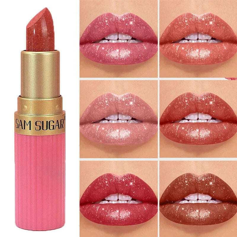 6 Colors Diamond Pearlescent Lipstick Glitter Shiny Metallic Lipstick Lip Tint Long Lasting Nude Shimmer Shiny Lip Gloss Makeup