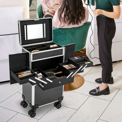 Multi-tier Rolling Makeup Case, Heavy-duty ABS and Fiberboard Construction, Ergonomic Handle, Perfect for Hairstylists