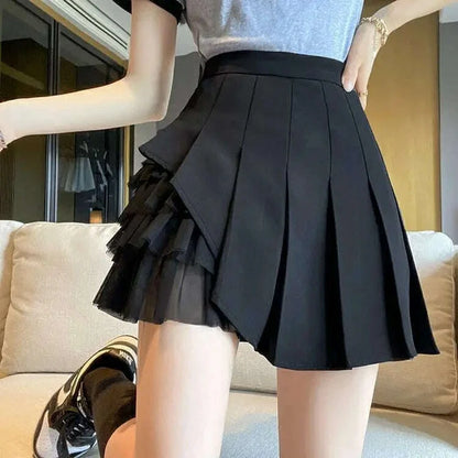 Pleated Skirts Women Chic Summer Party All-match Schoolgirls Clothing Vintage Slim Simple Pure Faldas Ulzzang Y2k Mesh Design