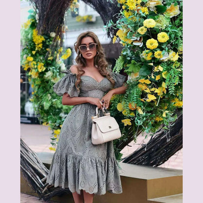 Dress Women Off Shoulder Mid Length Dresses Solid Dot Sexy Splice Tight High Waist V Neck A Line Elegant Slim Fit Vestidos