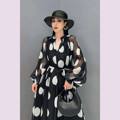 Vefadisa 2025 Summer New Dress Chiffon Printed Polka Dot Puff  Sleeves V-neck Long Dress Loose And Elegant HLX007