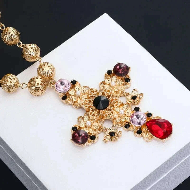 2024 Baroque Cross Holloway crystal antique necklace, fashion show premiere palace-style women's necklace, sweater chain