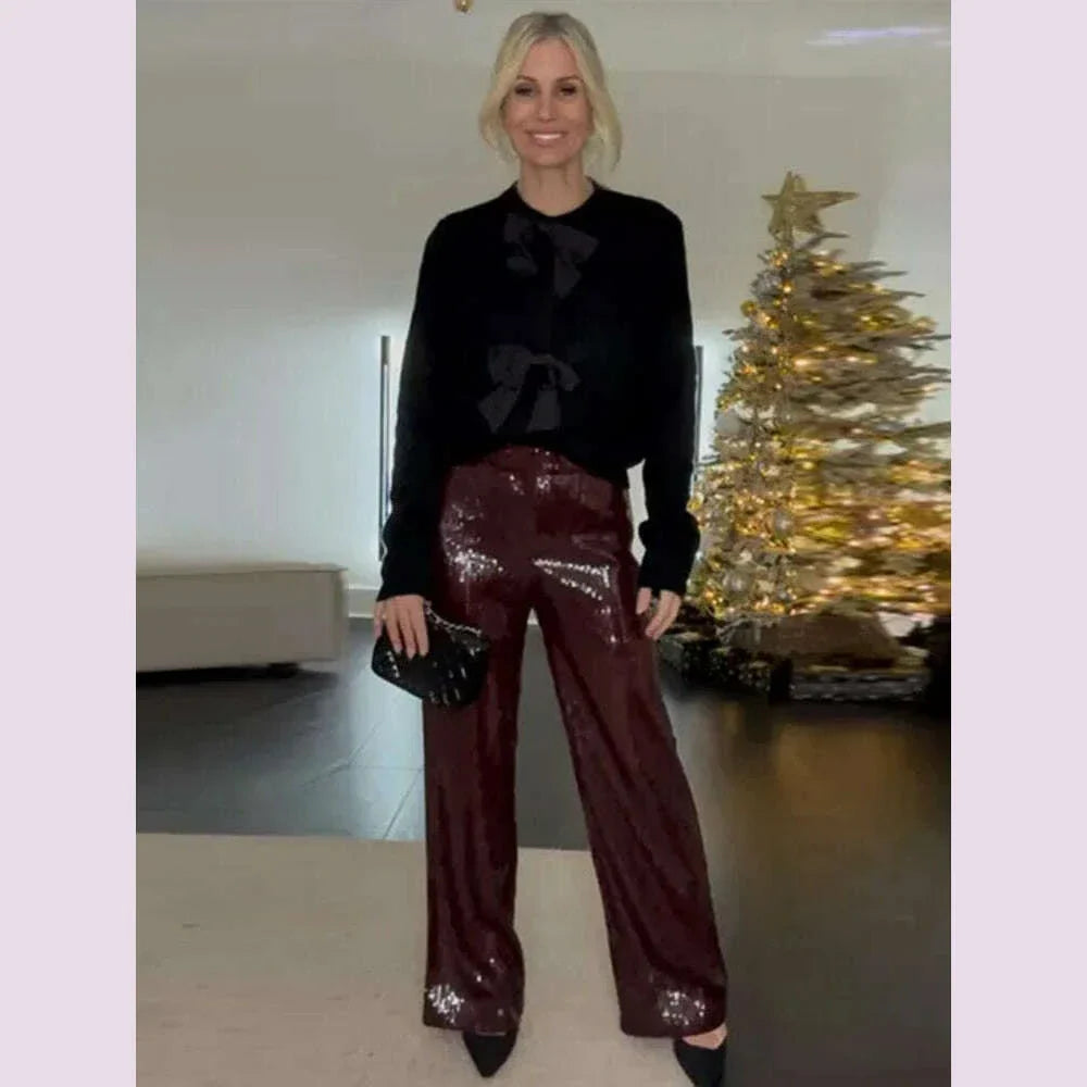 Street Sequin Pants Women Loose High Waist Wide Legs Shiny Trousers Female 2025 Spring Fashion Straight Chic Streetwears Lady