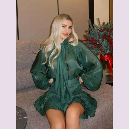 Bow Lace Up Top Pleated Short Skirt Two Piece Sets Casual Fashion Shirt Glitter Blouse High Waist Half Skirts Women's Clothing