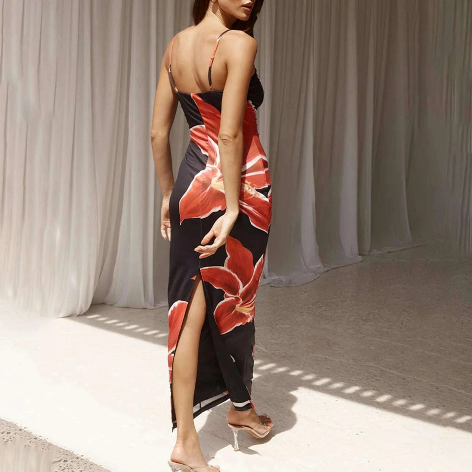 Women Cocktail Bodycon Dress  Split Bodycon Party Floral Print Spaghetti Strap Dresses Sexy Female Summer Outfits Streetwear