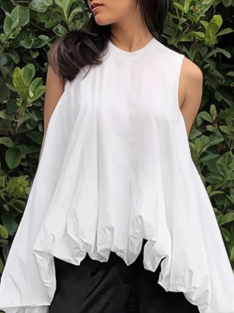 UOOZEE Women's High-Low Loose Pleated Round-Neck Vest Tops 2025 New Summer Sleeveless Casual Simple White Cotton T-shirts