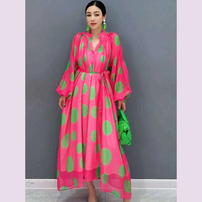 Vefadisa 2025 Summer New Dress Chiffon Printed Polka Dot Puff  Sleeves V-neck Long Dress Loose And Elegant HLX007