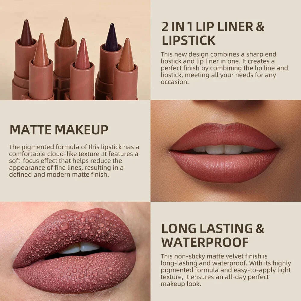 6Colors Liner Lipstick Matte Black Brown Velvet Lipstick Waterproof Non Sticky Contouring Tint Lipliner Crayon Lip Makeup