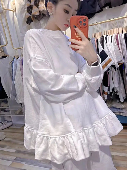 Women Clothing Oversized T Shirts Long Sleeve O-neck White Tees Sweet Ruffles Tops 2025 Ropa Mujer Casual Fashion Y2k Tshirt