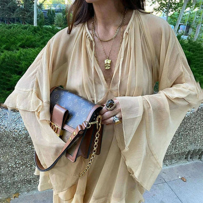 Tornova Chiffon Ruffled Long Dress For Women Flared Sleeves Long Sleeve V-Neck High Waist Dress Female Summer Casual Loose Dress