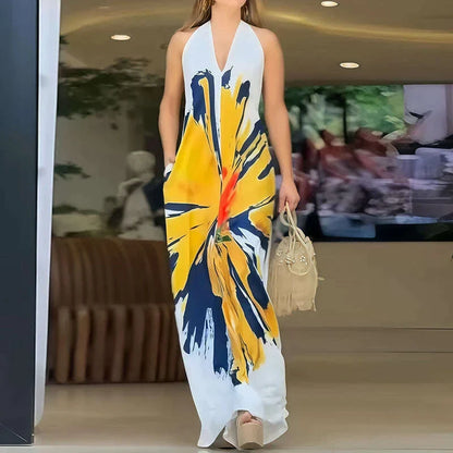 Printed Patchwork Loose Holiday Party Dress, Women Summer Fashion Sleeveless Chic Maxi Dress, 2025 Backless Elegant Ladies Dress