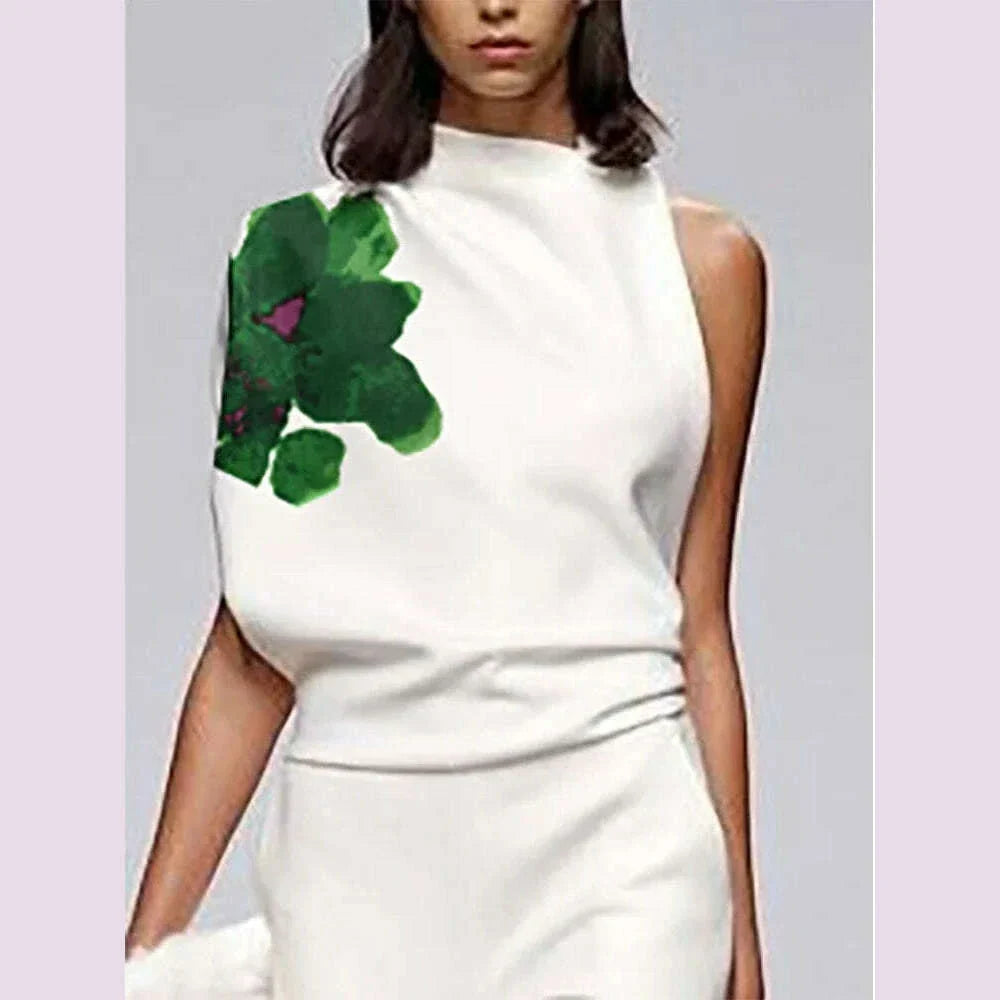 UOOZEE Urban Female Asymmetric High Neck Vest Tops 2025 New Summer Sleeveless One-shoulder Fashion Floral Printed T-shirts