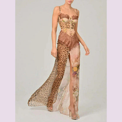 Summer Beach Leopard Print Dress Sexy Lace Split Patchwork Chiffon Dresses Women Elegant Sleeveless Backless Beach Evening Gowns