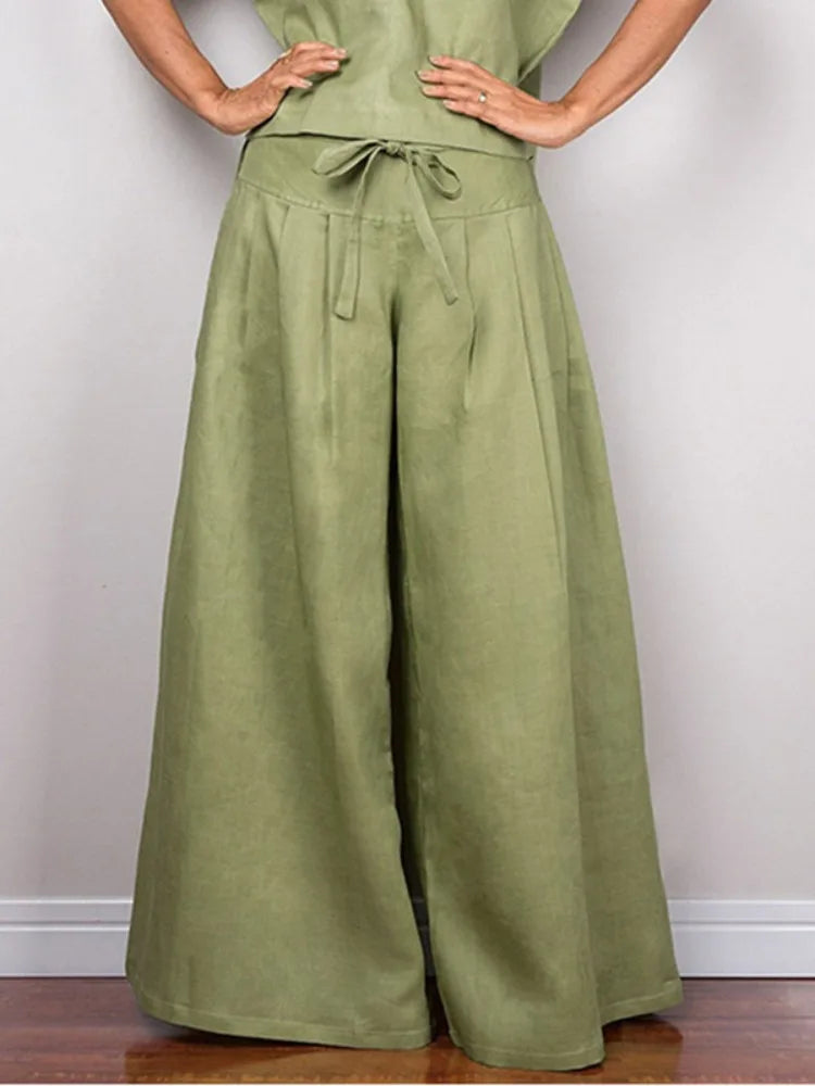 Freeacy Women's Cotton and Linen Casual Pants Elastic High Waist Full Length Wide Leg Trousers 2025 Summer Loose Fit Bottoms