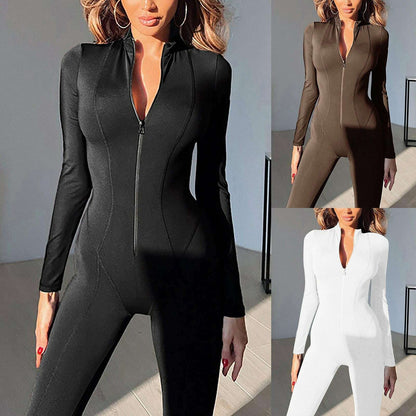Stitching Sports Slim Casual Jumpsuit Full Length For Women Sport Yoga Knitted Round Neck Zipper Long Sleeve Women'S Jumpsuit
