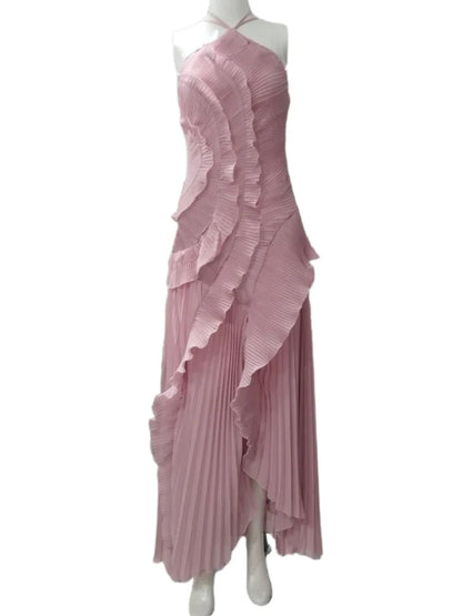 Fashoin Pleated Patchwork Sleeveless Summer Dress Women Elegant Halter Backless Split Maxi Dress Ladies Party Evening Dress 2025