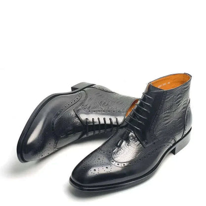 Luxury Genuine Leather Boots Handmade Retro Printing Shoes Men's Lace Up Top Cow Leather Business Casual Trendy Party Warm Boot