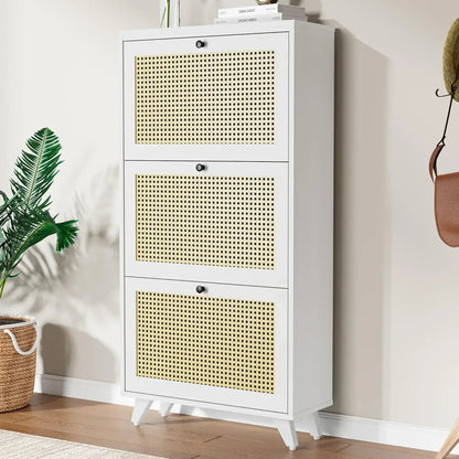 A Adjustable Shelves Slim Natural Rattan Wood Freestanding Shoe Rack Storage Organizer Shoe Cabinet