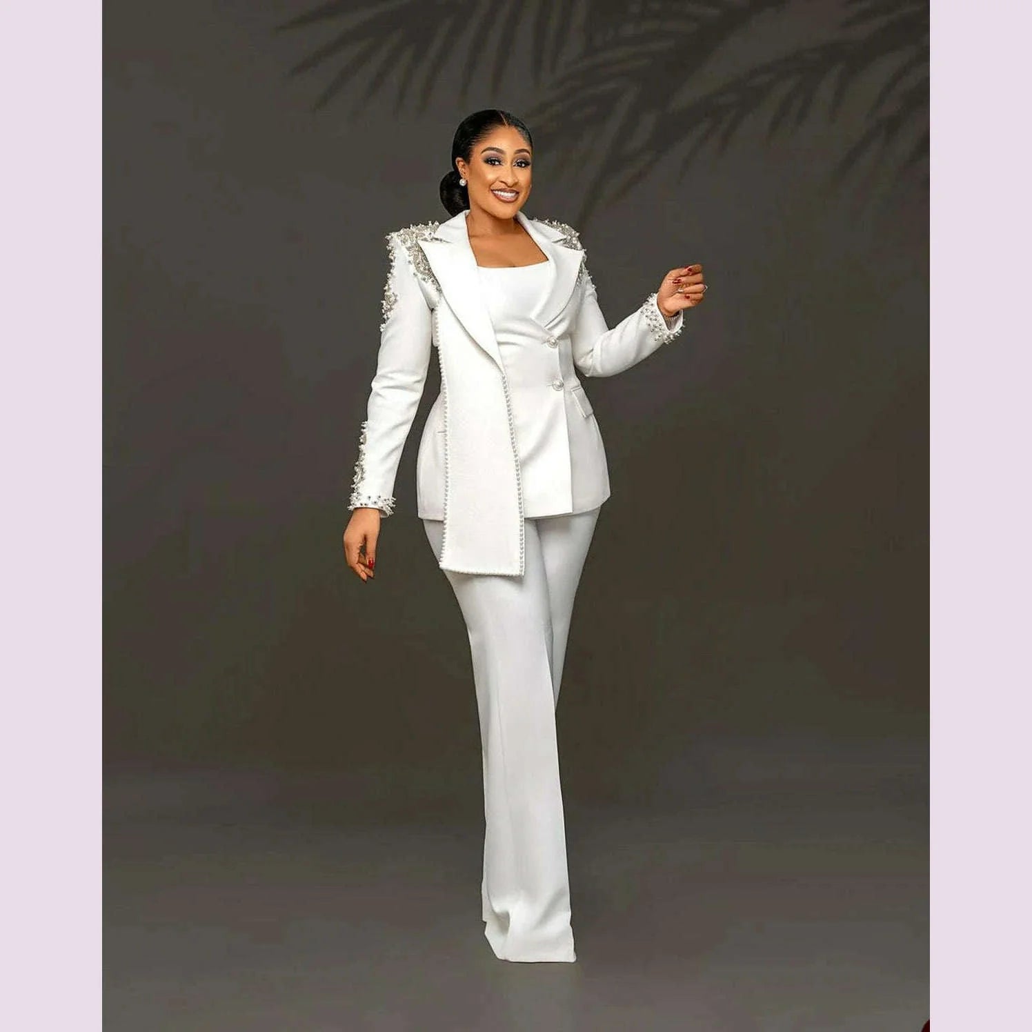 Customized Unique Design Beads Women Pants Suits White Wedding Blazer Jacket Guest Wear Slim Fit 2 Pieces