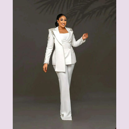 Customized Unique Design Beads Women Pants Suits White Wedding Blazer Jacket Guest Wear Slim Fit 2 Pieces